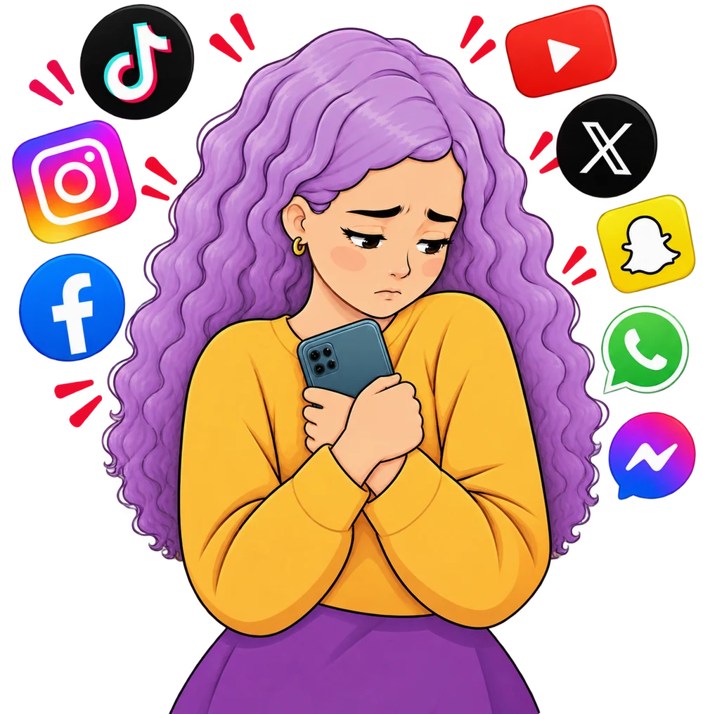 Une jeune femme serre son téléphone contre elle, entourée des logos des réseaux sociaux